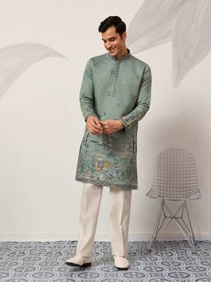 PISTA GREEN VISCOSE SILK THREAD & SEQUINS EMBROIDERED WORK WEDDING FESTIVAL MARRIAGE PARTY WEAR STRAIGHT MENS KURTA 1