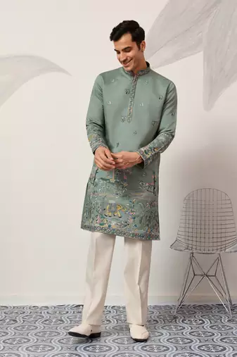 Pista green viscose silk thread & sequins embroidered work wedding festival marriage party wear straight mens kurta