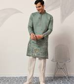 PISTA GREEN VISCOSE SILK THREAD & SEQUINS EMBROIDERED WORK WEDDING FESTIVAL MARRIAGE PARTY WEAR STRAIGHT MENS KURTA