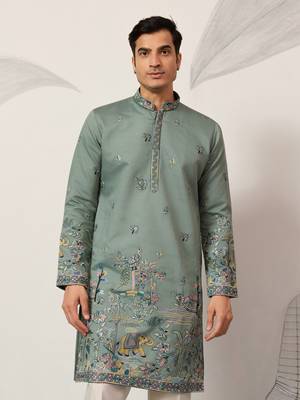 PISTA GREEN VISCOSE SILK THREAD & SEQUINS EMBROIDERED WORK WEDDING FESTIVAL MARRIAGE PARTY WEAR STRAIGHT MENS KURTA 3