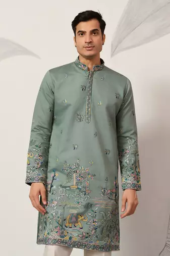 PISTA GREEN VISCOSE SILK THREAD & SEQUINS EMBROIDERED WORK WEDDING FESTIVAL MARRIAGE PARTY WEAR STRAIGHT MENS KURTA
