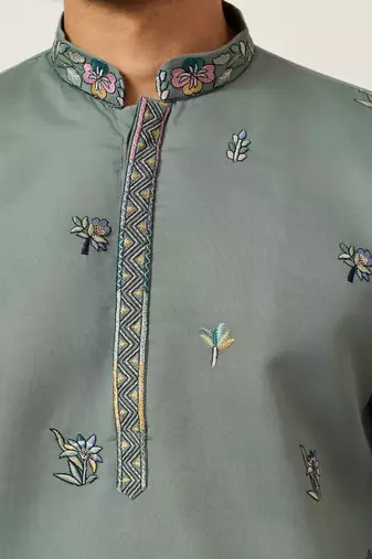 PISTA GREEN VISCOSE SILK THREAD & SEQUINS EMBROIDERED WORK WEDDING FESTIVAL MARRIAGE PARTY WEAR STRAIGHT MENS KURTA