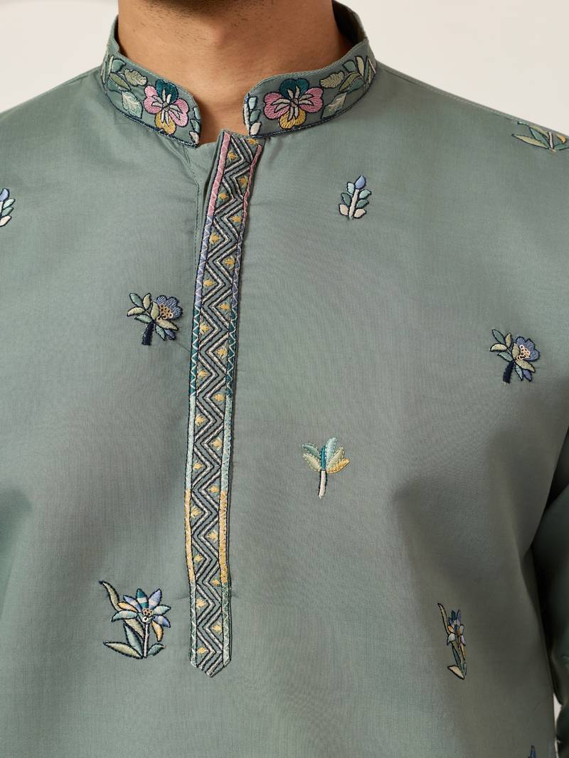 PISTA GREEN VISCOSE SILK THREAD & SEQUINS EMBROIDERED WORK WEDDING FESTIVAL MARRIAGE PARTY WEAR STRAIGHT MENS KURTA