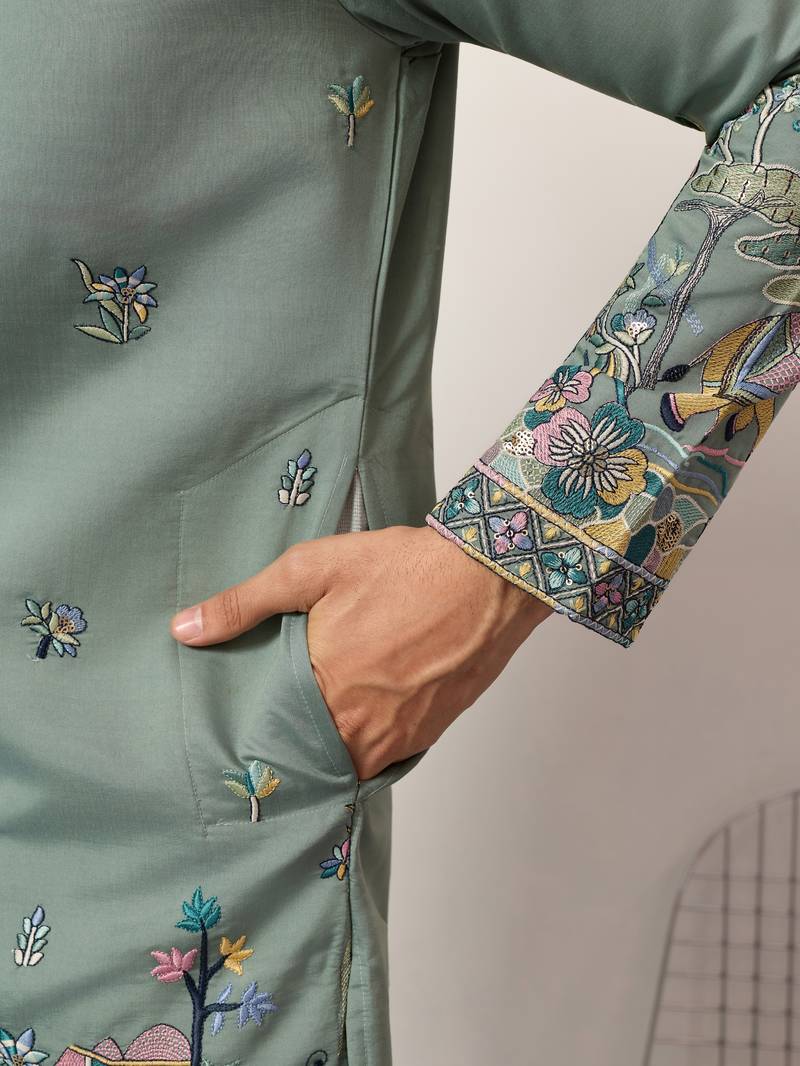 PISTA GREEN VISCOSE SILK THREAD & SEQUINS EMBROIDERED WORK WEDDING FESTIVAL MARRIAGE PARTY WEAR STRAIGHT MENS KURTA