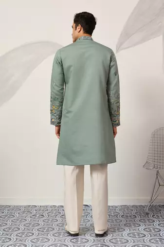 PISTA GREEN VISCOSE SILK THREAD & SEQUINS EMBROIDERED WORK WEDDING FESTIVAL MARRIAGE PARTY WEAR STRAIGHT MENS KURTA