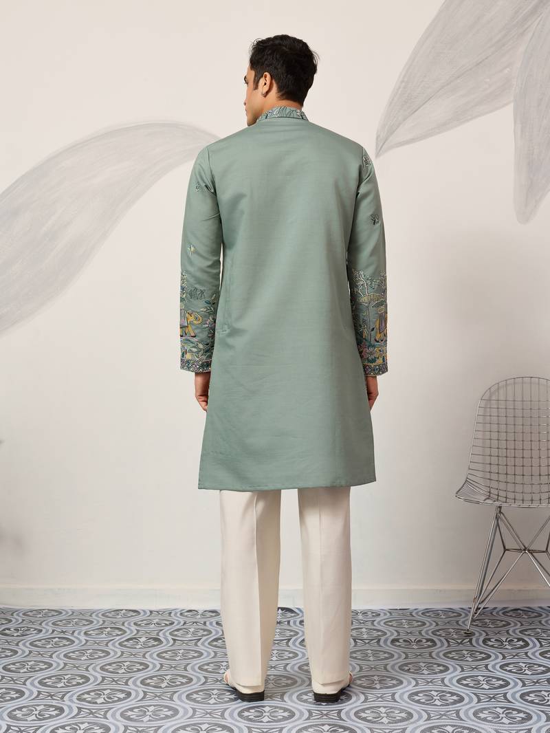 PISTA GREEN VISCOSE SILK THREAD & SEQUINS EMBROIDERED WORK WEDDING FESTIVAL MARRIAGE PARTY WEAR STRAIGHT MENS KURTA