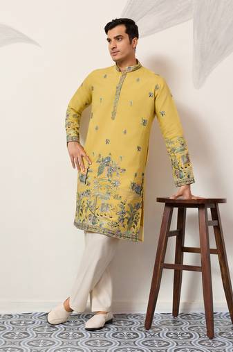 Yellow viscose silk thread & sequins embroidered work wedding festival marriage party wear straight mens kurta