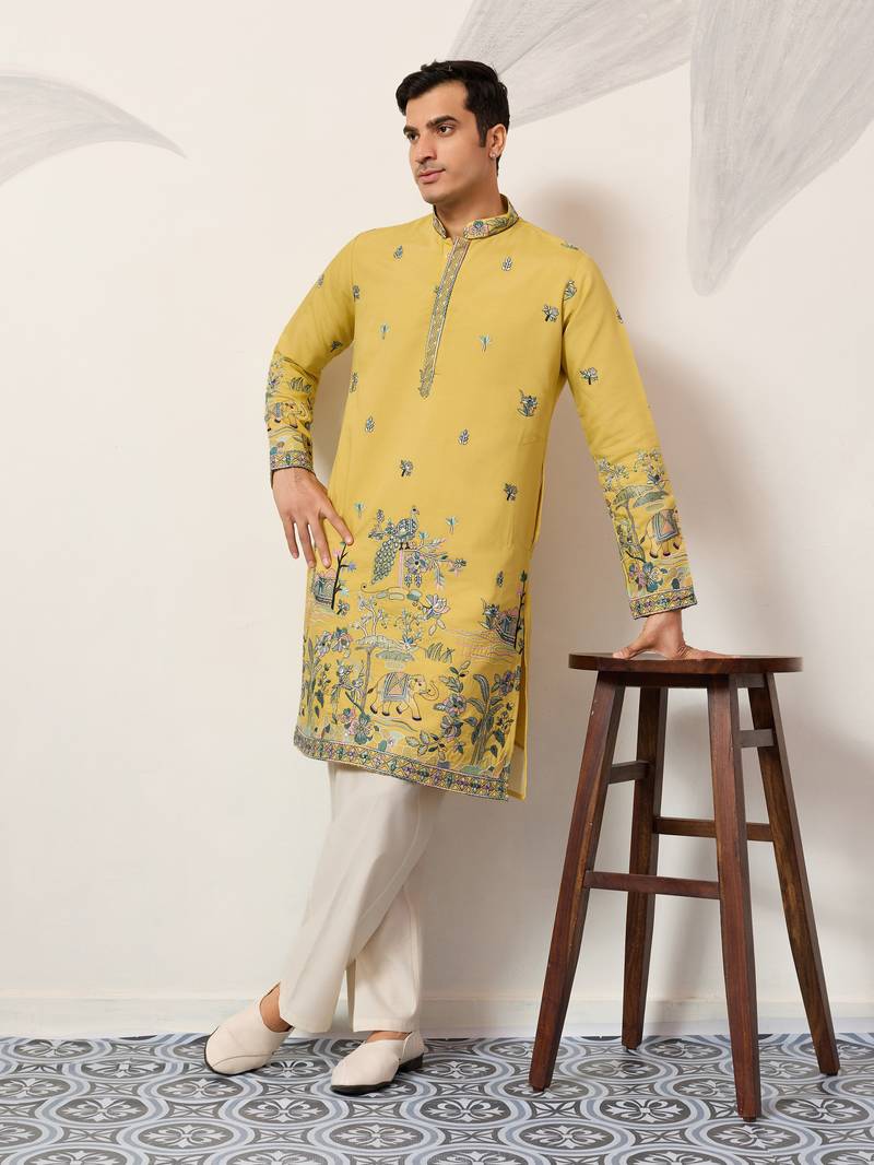 Yellow viscose silk thread & sequins embroidered work wedding festival marriage party wear straight mens kurta