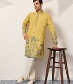 YELLOW VISCOSE SILK THREAD & SEQUINS EMBROIDERED WORK WEDDING FESTIVAL MARRIAGE PARTY WEAR STRAIGHT MENS KURTA
