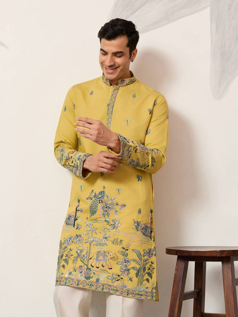 YELLOW VISCOSE SILK THREAD & SEQUINS EMBROIDERED WORK WEDDING FESTIVAL MARRIAGE PARTY WEAR STRAIGHT MENS KURTA