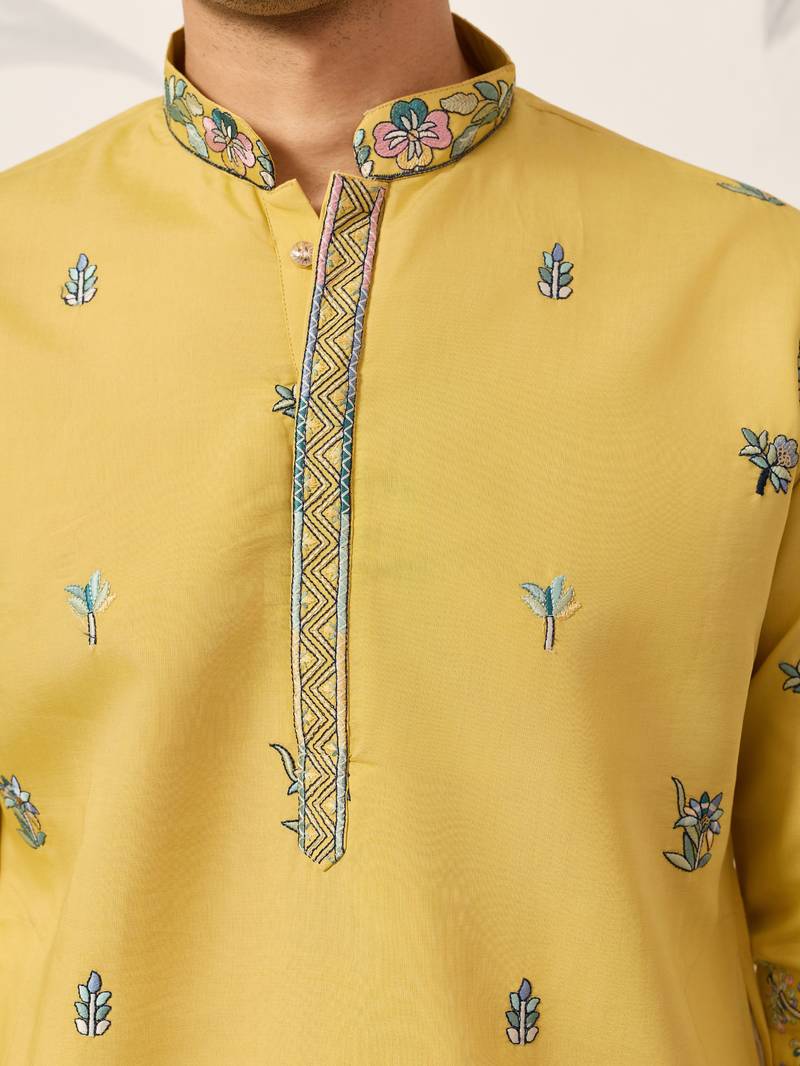 YELLOW VISCOSE SILK THREAD & SEQUINS EMBROIDERED WORK WEDDING FESTIVAL MARRIAGE PARTY WEAR STRAIGHT MENS KURTA
