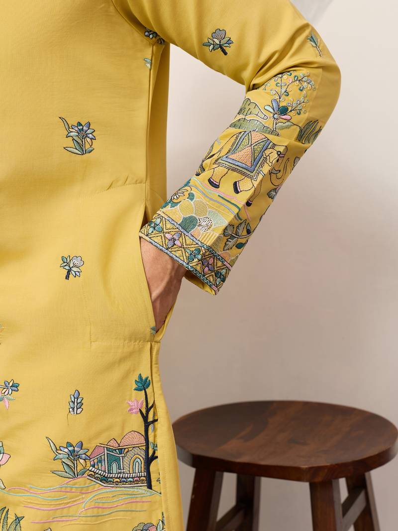 YELLOW VISCOSE SILK THREAD & SEQUINS EMBROIDERED WORK WEDDING FESTIVAL MARRIAGE PARTY WEAR STRAIGHT MENS KURTA