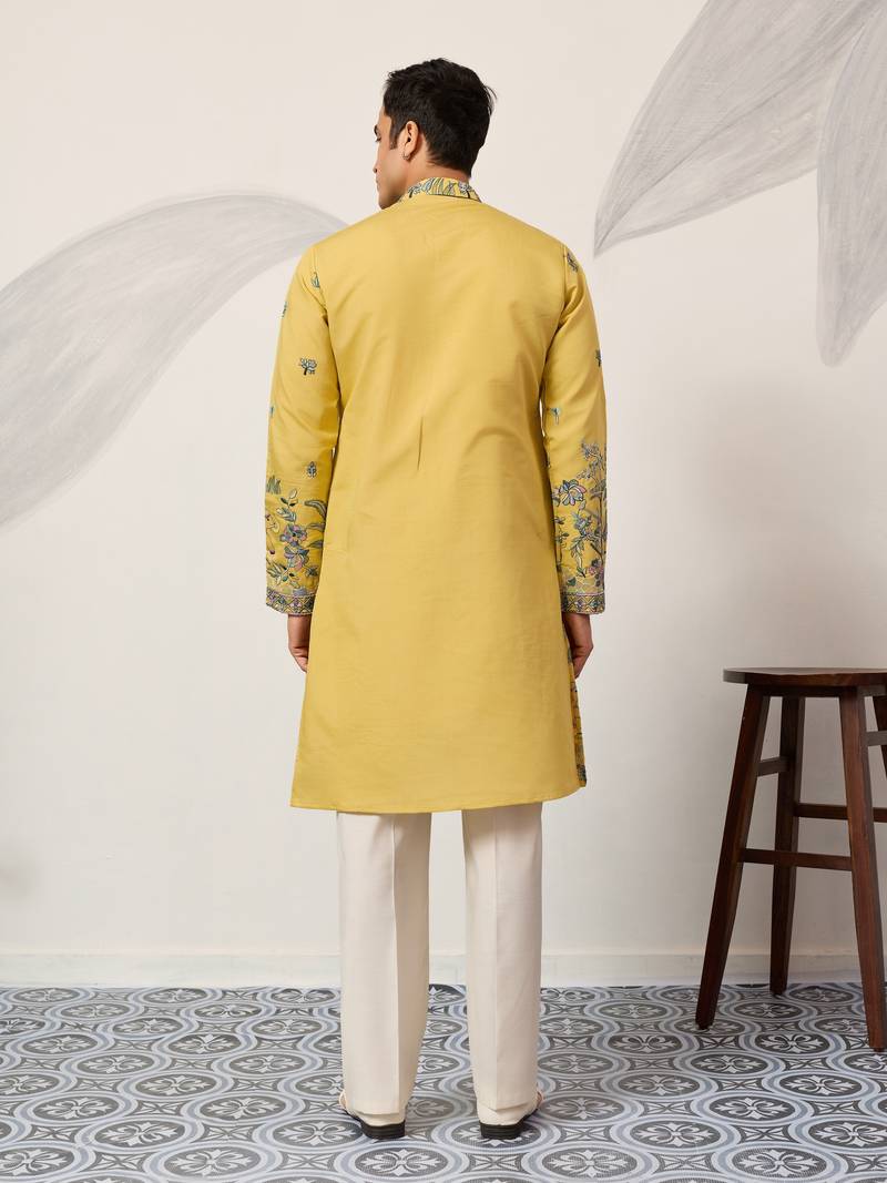 YELLOW VISCOSE SILK THREAD & SEQUINS EMBROIDERED WORK WEDDING FESTIVAL MARRIAGE PARTY WEAR STRAIGHT MENS KURTA