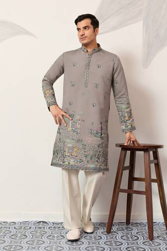 Grey viscose silk thread & sequins embroidered work wedding festival marriage party wear straight mens kurta