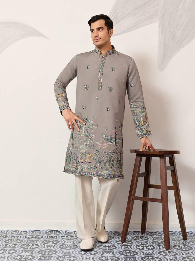 Grey viscose silk thread & sequins embroidered work wedding festival marriage party wear straight mens kurta