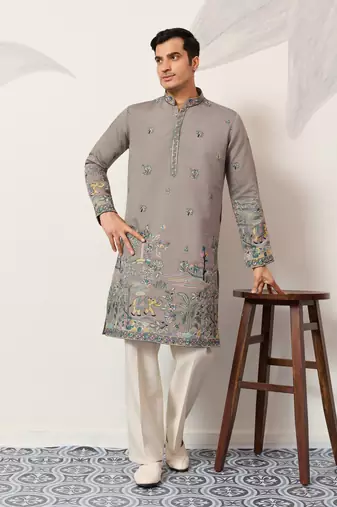Grey viscose silk thread & sequins embroidered work wedding festival marriage party wear straight mens kurta