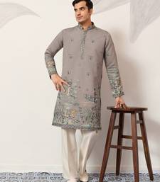GREY VISCOSE SILK THREAD & SEQUINS EMBROIDERED WORK WEDDING FESTIVAL MARRIAGE PARTY WEAR STRAIGHT MENS KURTA