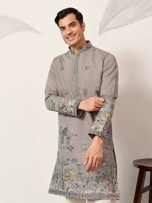 GREY VISCOSE SILK THREAD & SEQUINS EMBROIDERED WORK WEDDING FESTIVAL MARRIAGE PARTY WEAR STRAIGHT MENS KURTA 3
