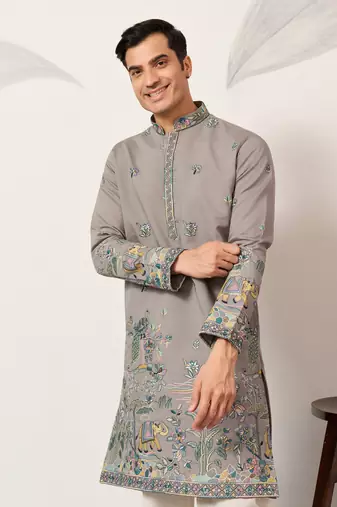 GREY VISCOSE SILK THREAD & SEQUINS EMBROIDERED WORK WEDDING FESTIVAL MARRIAGE PARTY WEAR STRAIGHT MENS KURTA