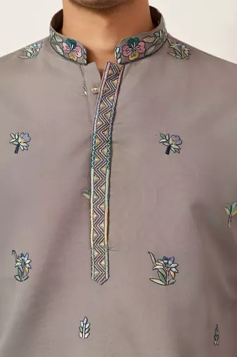 GREY VISCOSE SILK THREAD & SEQUINS EMBROIDERED WORK WEDDING FESTIVAL MARRIAGE PARTY WEAR STRAIGHT MENS KURTA