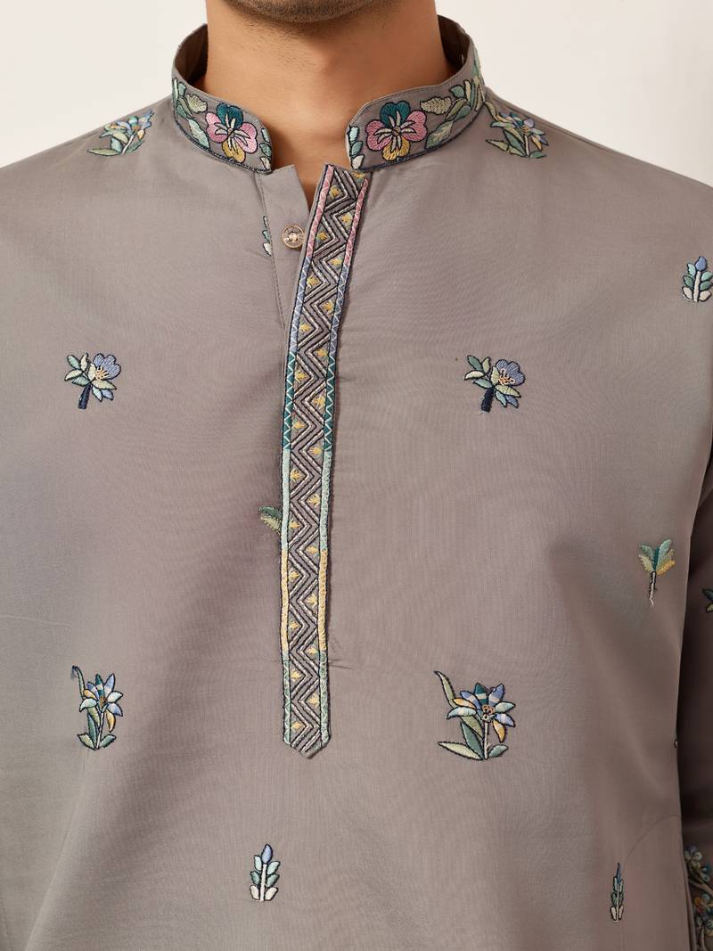 GREY VISCOSE SILK THREAD & SEQUINS EMBROIDERED WORK WEDDING FESTIVAL MARRIAGE PARTY WEAR STRAIGHT MENS KURTA