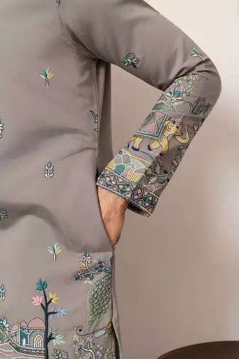 GREY VISCOSE SILK THREAD & SEQUINS EMBROIDERED WORK WEDDING FESTIVAL MARRIAGE PARTY WEAR STRAIGHT MENS KURTA