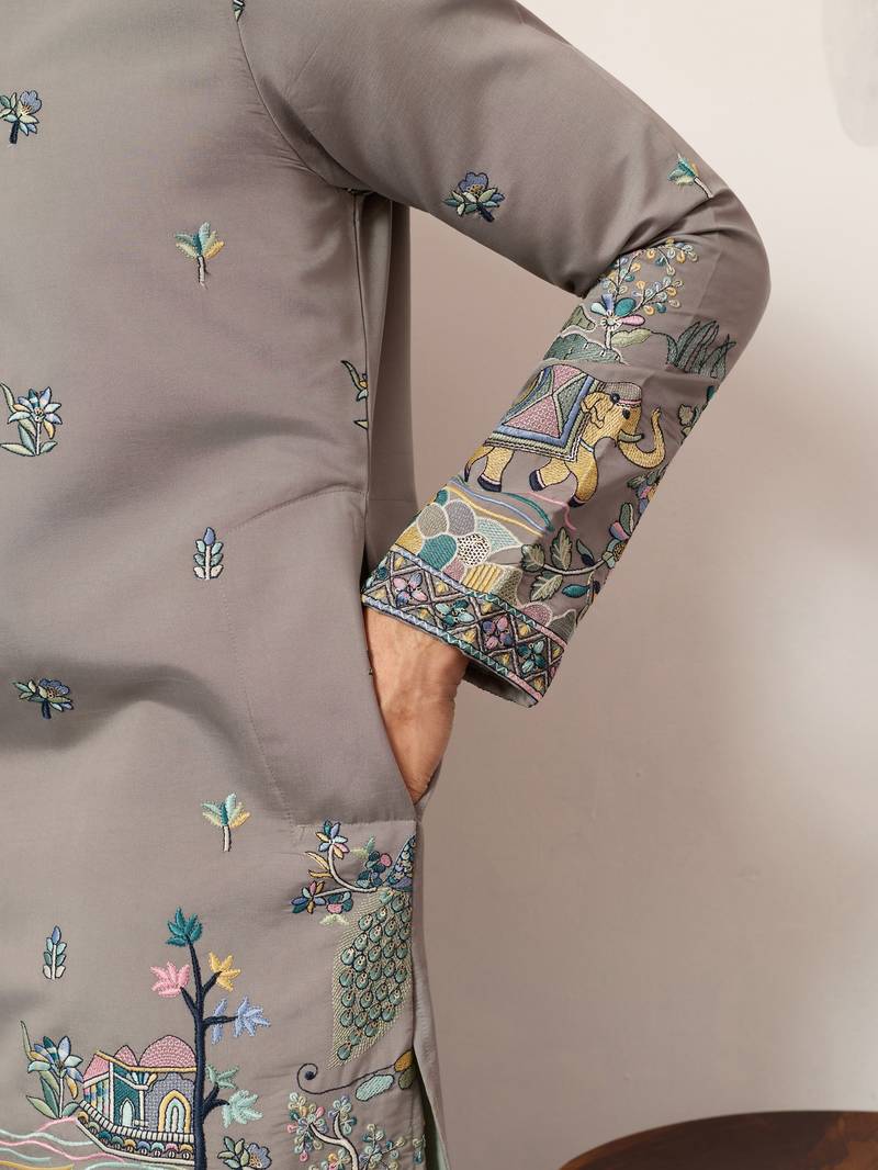 GREY VISCOSE SILK THREAD & SEQUINS EMBROIDERED WORK WEDDING FESTIVAL MARRIAGE PARTY WEAR STRAIGHT MENS KURTA