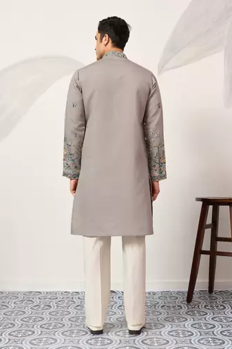 GREY VISCOSE SILK THREAD & SEQUINS EMBROIDERED WORK WEDDING FESTIVAL MARRIAGE PARTY WEAR STRAIGHT MENS KURTA