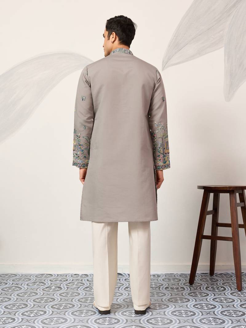 GREY VISCOSE SILK THREAD & SEQUINS EMBROIDERED WORK WEDDING FESTIVAL MARRIAGE PARTY WEAR STRAIGHT MENS KURTA