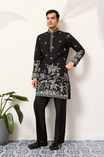 Black viscose silk thread & sequins embroidered work wedding festival marriage party wear straight mens kurta