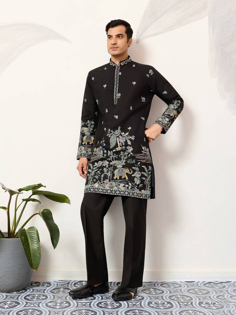 Black viscose silk thread & sequins embroidered work wedding festival marriage party wear straight mens kurta