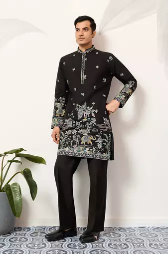 Black viscose silk thread & sequins embroidered work wedding festival marriage party wear straight mens kurta