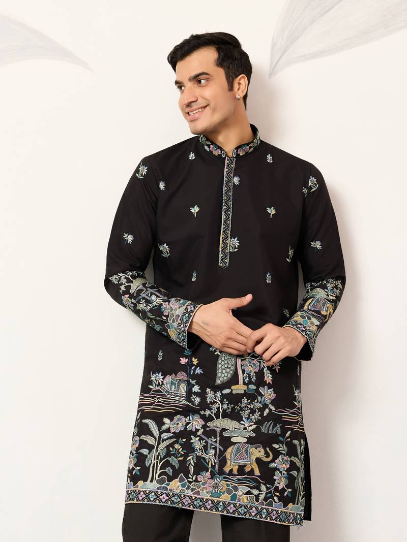 BLACK VISCOSE SILK THREAD & SEQUINS EMBROIDERED WORK WEDDING FESTIVAL MARRIAGE PARTY WEAR STRAIGHT MENS KURTA