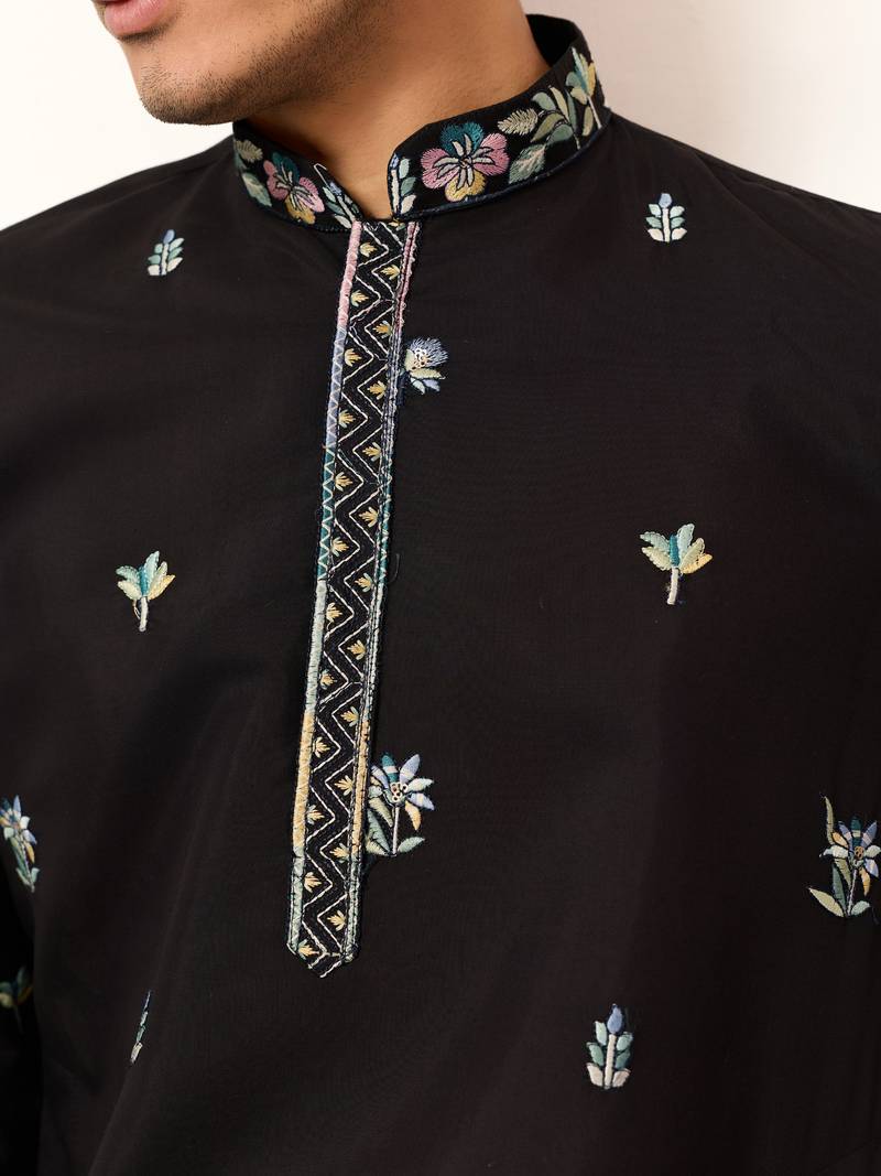 BLACK VISCOSE SILK THREAD & SEQUINS EMBROIDERED WORK WEDDING FESTIVAL MARRIAGE PARTY WEAR STRAIGHT MENS KURTA