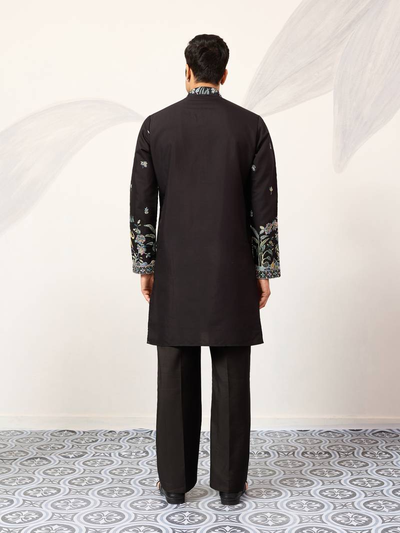 BLACK VISCOSE SILK THREAD & SEQUINS EMBROIDERED WORK WEDDING FESTIVAL MARRIAGE PARTY WEAR STRAIGHT MENS KURTA