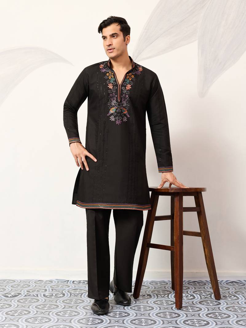 Black viscose silk thread & sequins embroidered work wedding festival marriage party wear straight mens kurta with pant