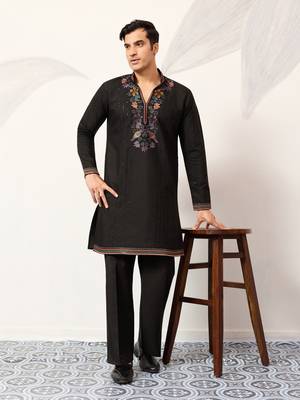 BLACK VISCOSE SILK THREAD & SEQUINS EMBROIDERED WORK WEDDING FESTIVAL MARRIAGE PARTY WEAR STRAIGHT MENS KURTA WITH PANT 1