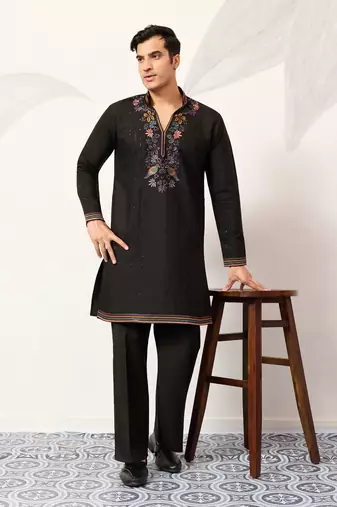 Black viscose silk thread & sequins embroidered work wedding festival marriage party wear straight mens kurta with pant