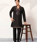 BLACK VISCOSE SILK THREAD & SEQUINS EMBROIDERED WORK WEDDING FESTIVAL MARRIAGE PARTY WEAR STRAIGHT MENS KURTA WITH PANT