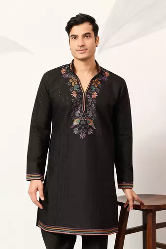 BLACK VISCOSE SILK THREAD & SEQUINS EMBROIDERED WORK WEDDING FESTIVAL MARRIAGE PARTY WEAR STRAIGHT MENS KURTA WITH PANT