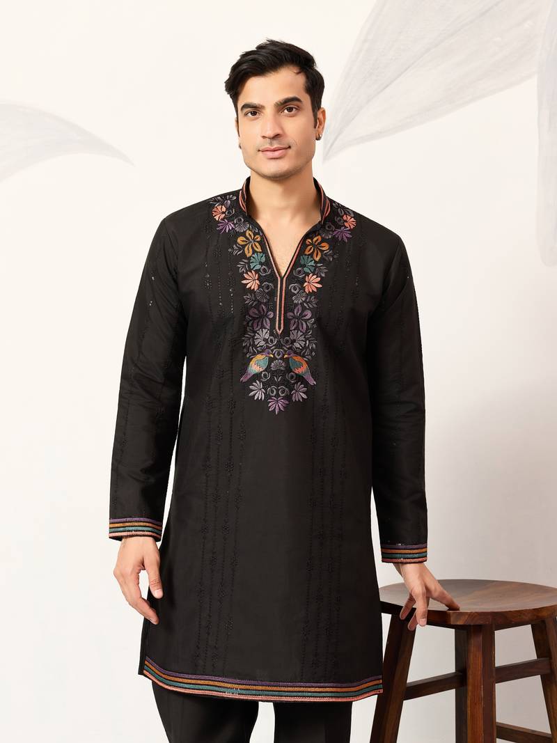 BLACK VISCOSE SILK THREAD & SEQUINS EMBROIDERED WORK WEDDING FESTIVAL MARRIAGE PARTY WEAR STRAIGHT MENS KURTA WITH PANT