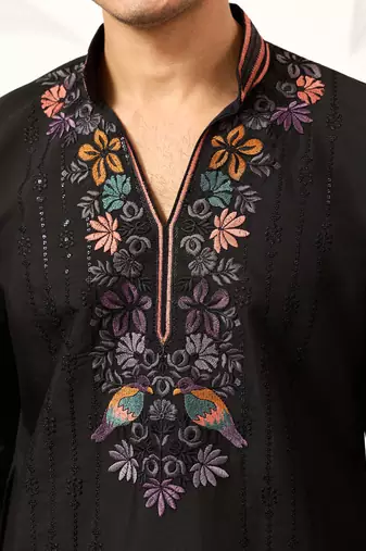 BLACK VISCOSE SILK THREAD & SEQUINS EMBROIDERED WORK WEDDING FESTIVAL MARRIAGE PARTY WEAR STRAIGHT MENS KURTA WITH PANT