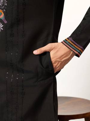 BLACK VISCOSE SILK THREAD & SEQUINS EMBROIDERED WORK WEDDING FESTIVAL MARRIAGE PARTY WEAR STRAIGHT MENS KURTA WITH PANT 5