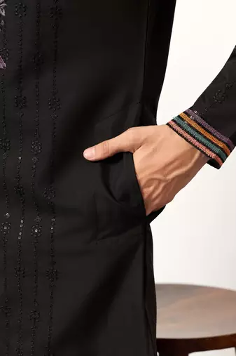 BLACK VISCOSE SILK THREAD & SEQUINS EMBROIDERED WORK WEDDING FESTIVAL MARRIAGE PARTY WEAR STRAIGHT MENS KURTA WITH PANT