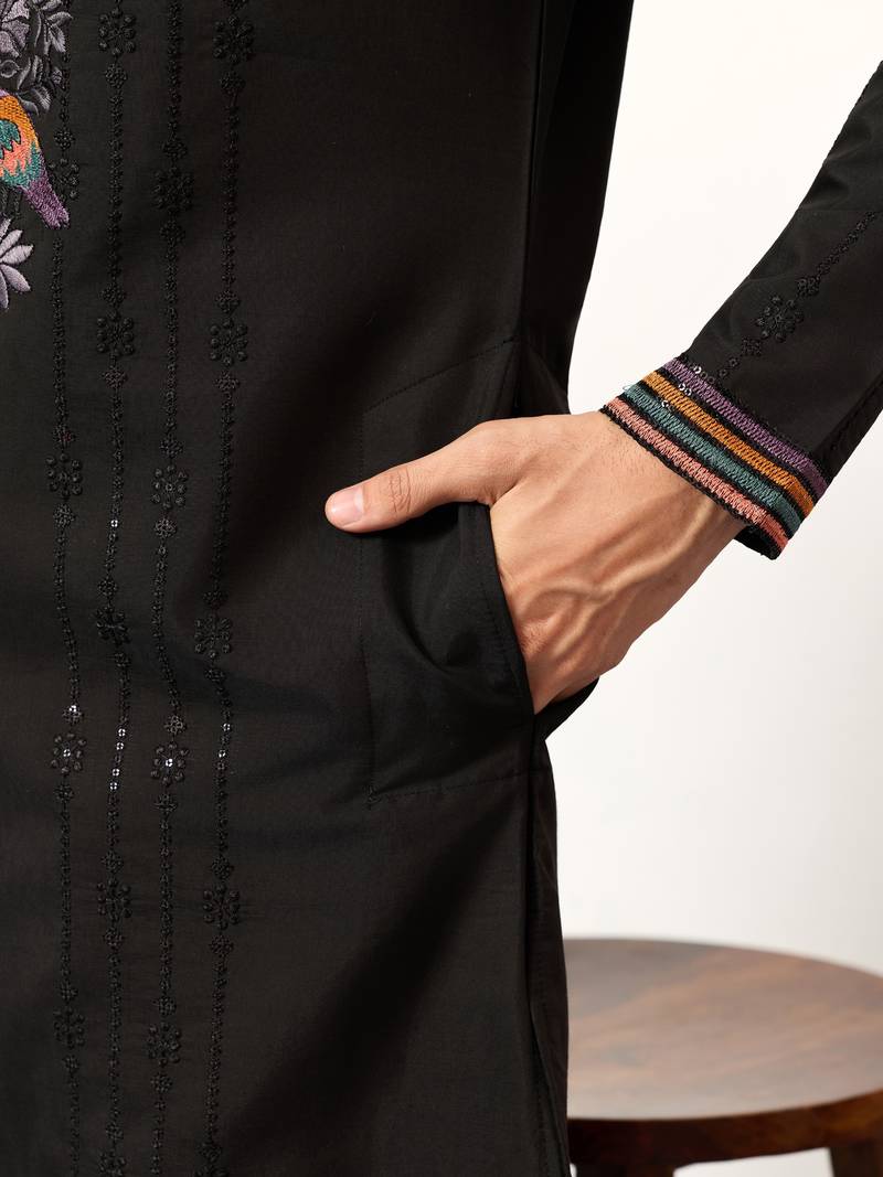 BLACK VISCOSE SILK THREAD & SEQUINS EMBROIDERED WORK WEDDING FESTIVAL MARRIAGE PARTY WEAR STRAIGHT MENS KURTA WITH PANT