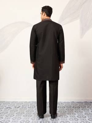 BLACK VISCOSE SILK THREAD & SEQUINS EMBROIDERED WORK WEDDING FESTIVAL MARRIAGE PARTY WEAR STRAIGHT MENS KURTA WITH PANT 6