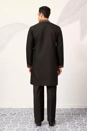 BLACK VISCOSE SILK THREAD & SEQUINS EMBROIDERED WORK WEDDING FESTIVAL MARRIAGE PARTY WEAR STRAIGHT MENS KURTA WITH PANT