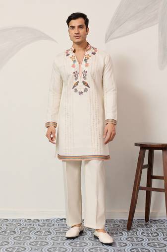 White viscose silk thread & sequins embroidered work wedding festival marriage party wear straight mens kurta with pant