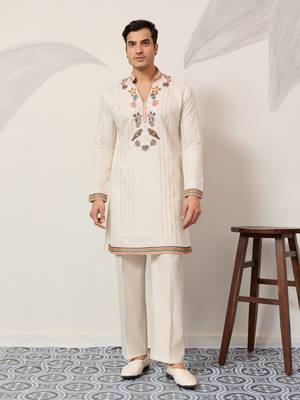 WHITE VISCOSE SILK THREAD & SEQUINS EMBROIDERED WORK WEDDING FESTIVAL MARRIAGE PARTY WEAR STRAIGHT MENS KURTA WITH PANT 1