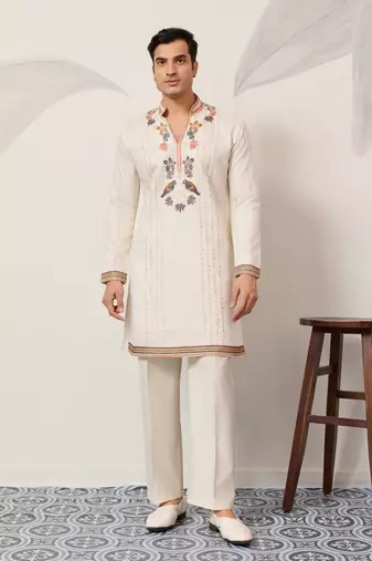 White viscose silk thread & sequins embroidered work wedding festival marriage party wear straight mens kurta with pant